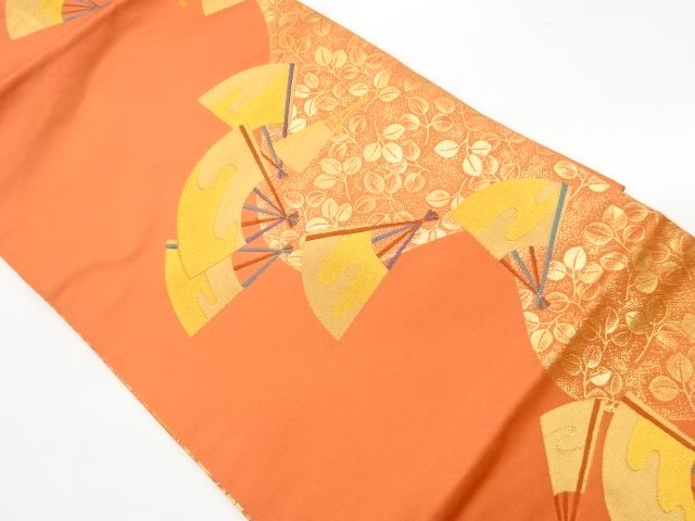 JAPANESE KIMONO / VINTAGE NAGOYA OBI / WOVEN BUSH CLOVER & FOLDING FAN PATTERN